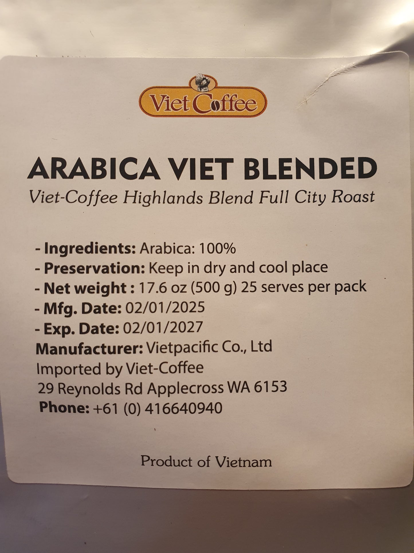 Arabica Viet Blended - Viet-Coffee Highlands Blend Full City Roast 500g