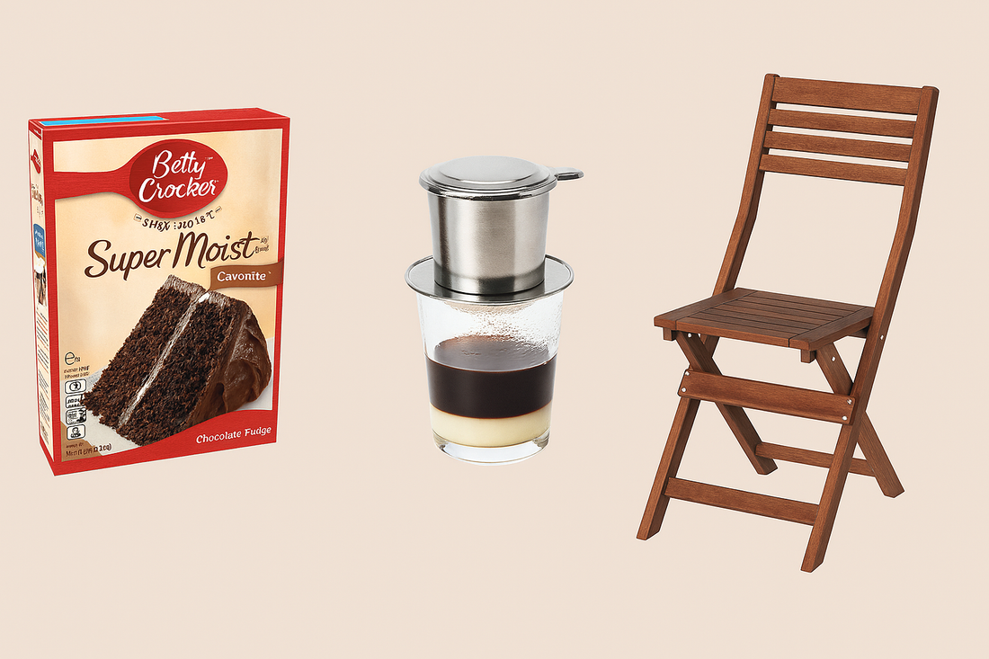 Betty Crocker cake mix, Vietnamese coffee brewing in a phin, and an iconic IKEA chair.